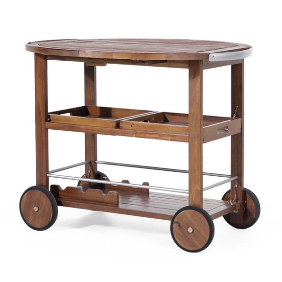 Rayan Outdoor Dark Oak Acacia Wood Bar Cart with Shiny Powder Coated Aluminum Accents