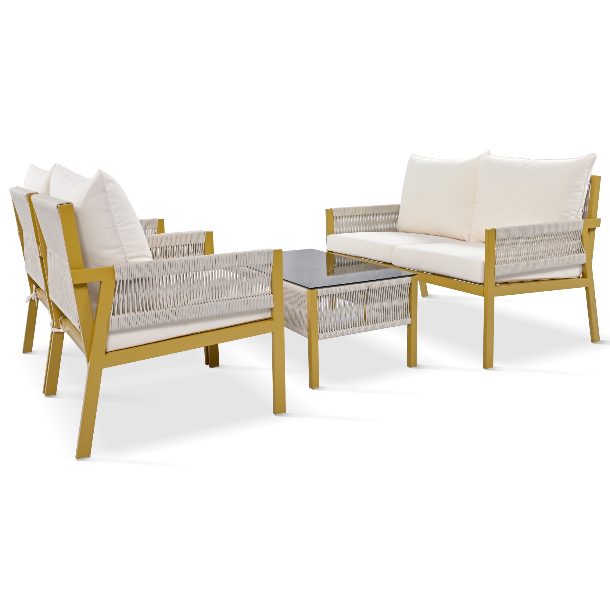 Aimee Lii 4-Pieces Patio Furniture Set, Patio Conversation Set with Tempered Glass Table and Thick Cushion, Outdoor Furniture for Backyard Porch Balcony, Beige Aimee Lii 4-Pieces Patio Furniture Set, Patio Conversation Set with Tempered Glass Table and Thick Cushion, Outdoor Furniture for Backyard Porch Balcony, Beige