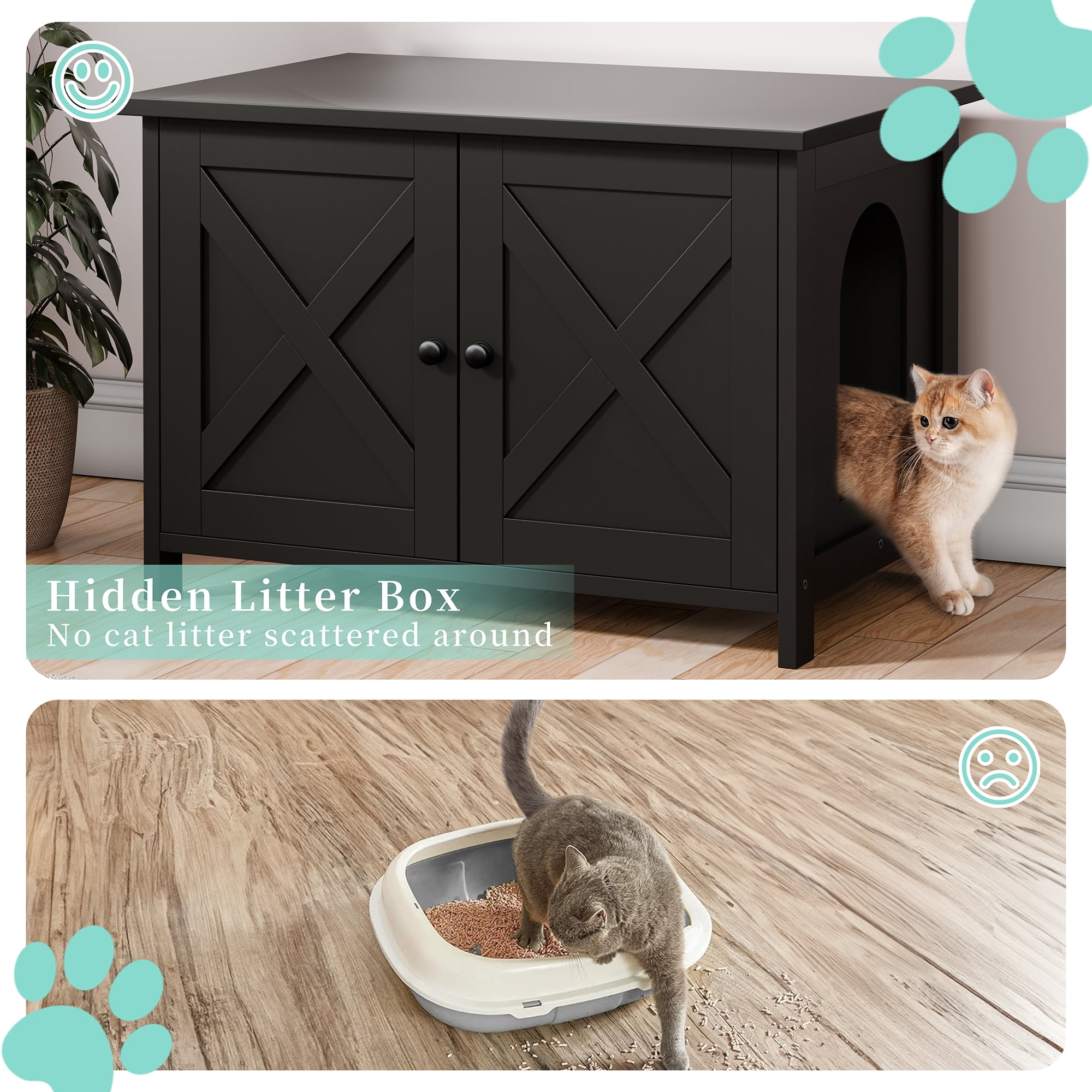 Walsunny Hidden Cat Litter Box Cat Washroom with Double Removable doors and Divider Indoor for Living Room Black