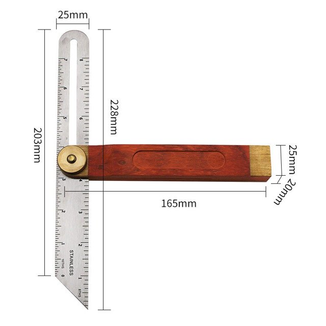 Regla de ángulo móvil para carpintería, herramienta de medición de nivel de bisel en T deslizante, tres cuadrados, calibre de marcado, transportador, mango de madera roja Fivean unisex