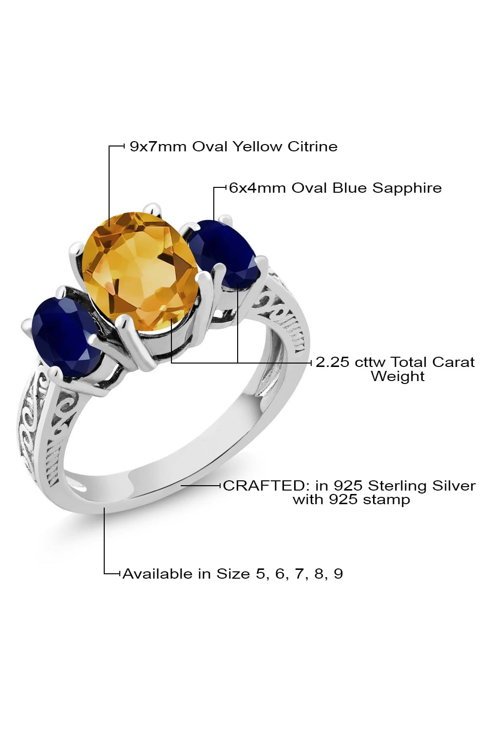 Gem Stone King 925 Sterling Silver Yellow Citrine and Blue Sapphire 3-Stone  Women's Engagement Ring (2.25 Cttw, Gemstone Birthstone, Available In Size 