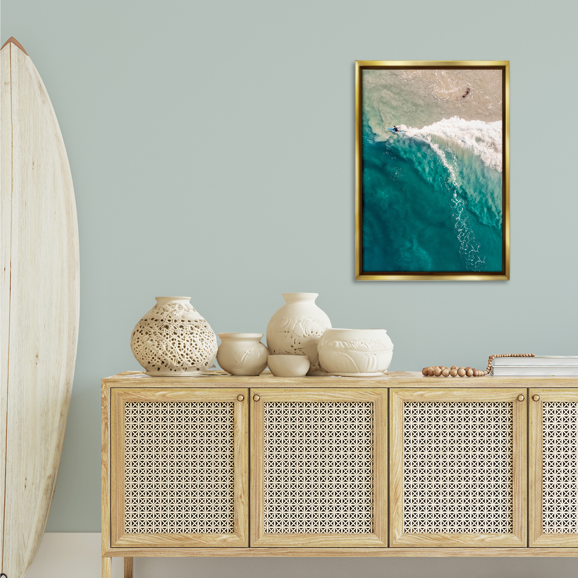 Stupell Industries Surfing Clear Waters Nautical & Beach Photography Gold Floater Framed Canvas Art Print Wall Art, 21 x 31