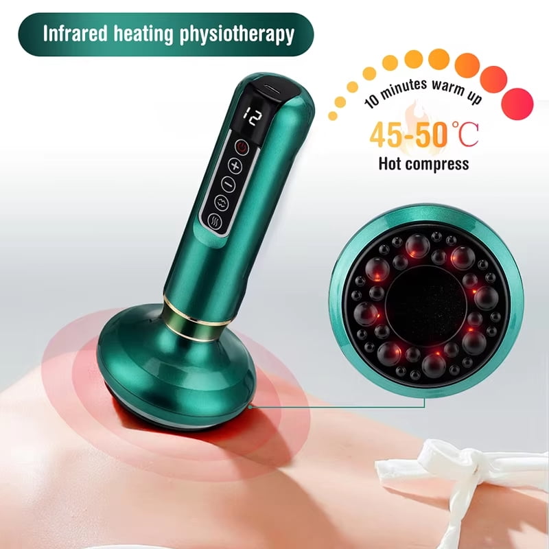 Electric Heated Cupping Massager – Cordless Gua Sha Device with Warm Stone & Red Light, 12 Suction Levels, Quick Release, Steel Ball Head, USB Rechargeable, Grey, A-15