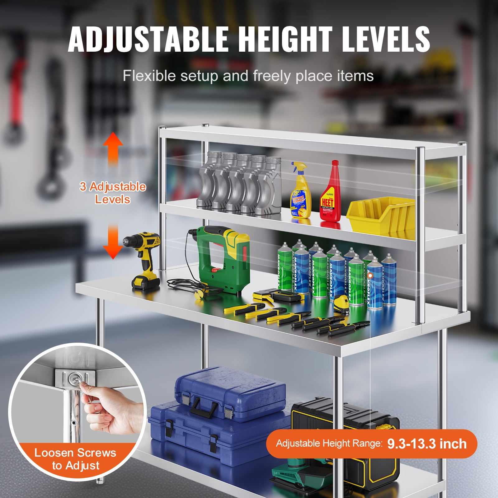 KFFKFF Dual-Level Shelf, Stainless Steel, 12x60 Inch, Adjustable Height, for Kitchen, Restaurant, Workshop