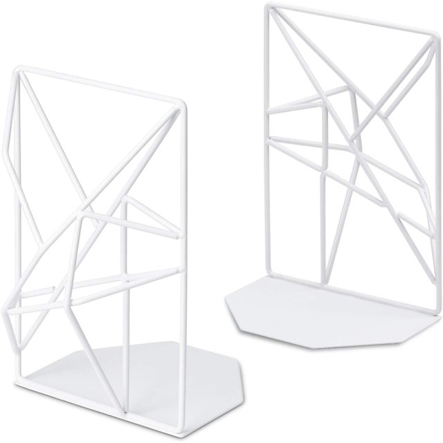 Bookends White, Decorative Metal Book Ends Supports for Shelves, Unique Geometric Design(1 Pair/2 Pieces)