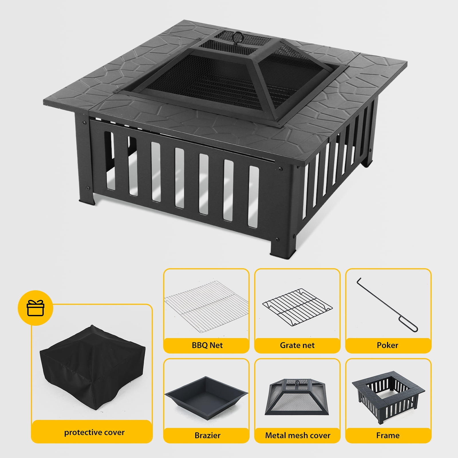 32" Square Metal Fire Pit for Outdoor Use, Backyard Fire Pits with Mesh Cover, Perfect for Camping, Patios, and Garden Gatherings, Durable and Stylish Firepit for Outside