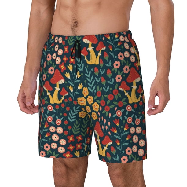 Fotbe Mushrooms And Flowers Traje de Baño para Hombre – Shorts de Natación de Secado Rápido con Forro y Bolsillos-Small