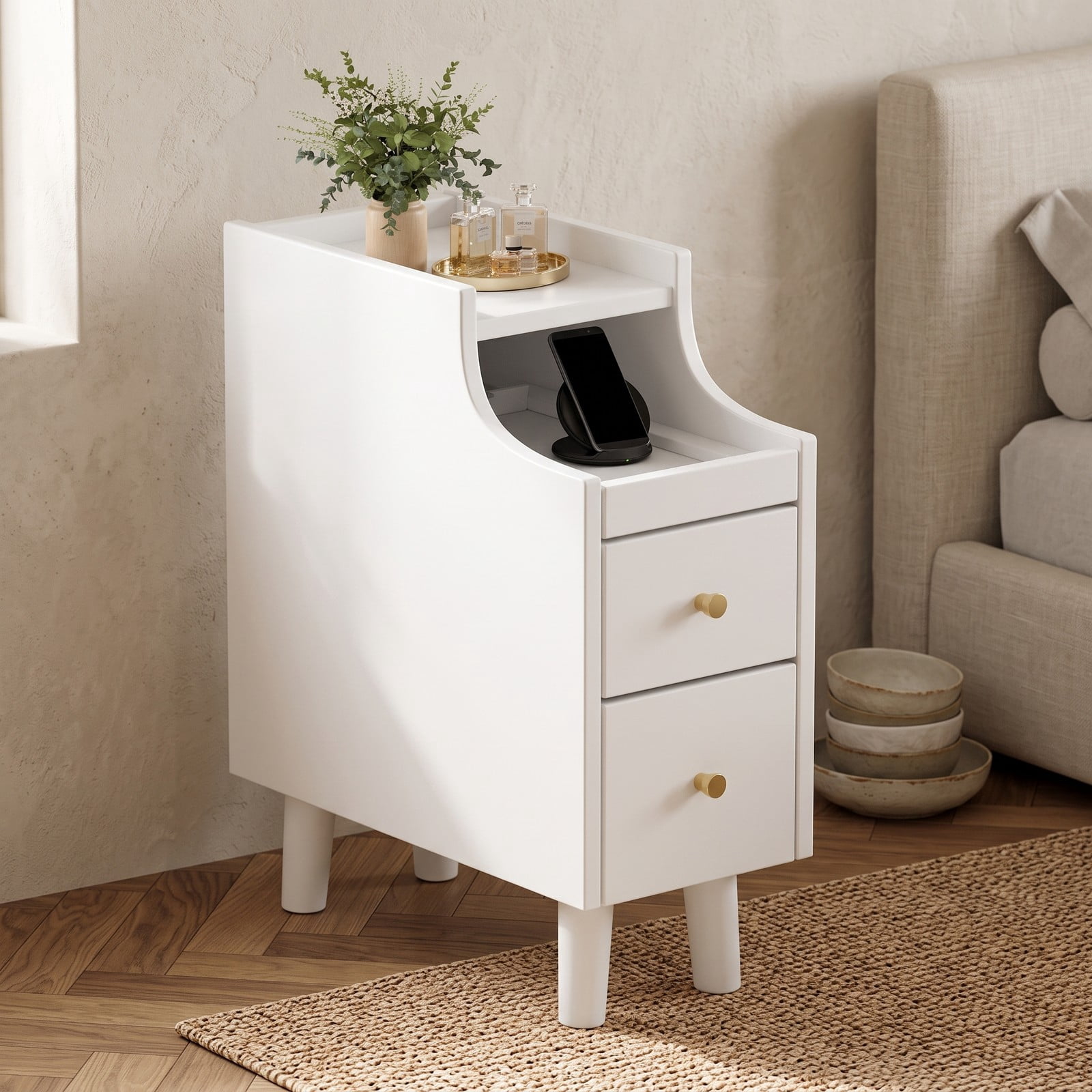 Furnibear Narrow Nightstand with Pull-out Tray and 2 Storage Drawers, Slim Solid Wood Bedside Table for Small Spaces and Tight Corners, White