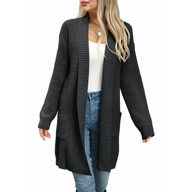 Cárdigan de Larga de Otoño para Mujer, Moderno Cárdigan de Punto Holgado con Bolsillos y Abertura Frontal para Invierno. Negro M