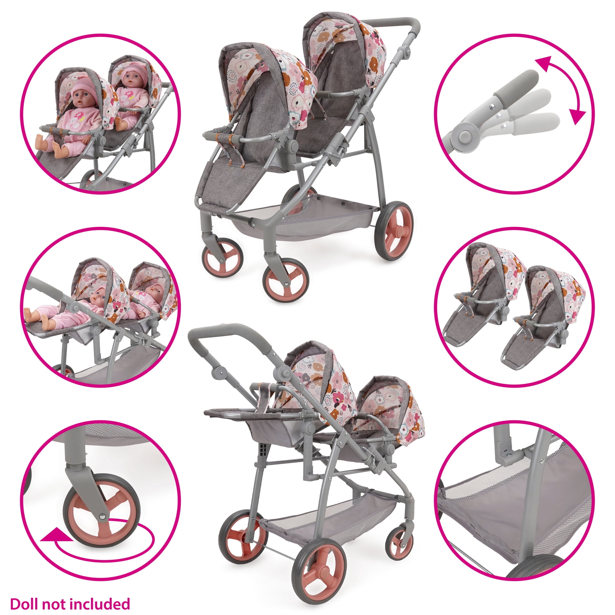 509 Crew: Melange Flora - Twin Doll Shopper Pram - Gray-Pink-Flower, Adjustable Stroller Seating Positions, Canopy-Basket, Doll Accessory Toy, Kids 3+