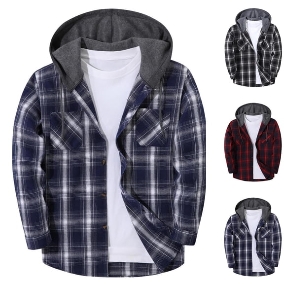 Yutgune Mens Long Sleeve Button Down Shirts Hooded Plaid Flannel Shirt Dual Pockets Men Jacket