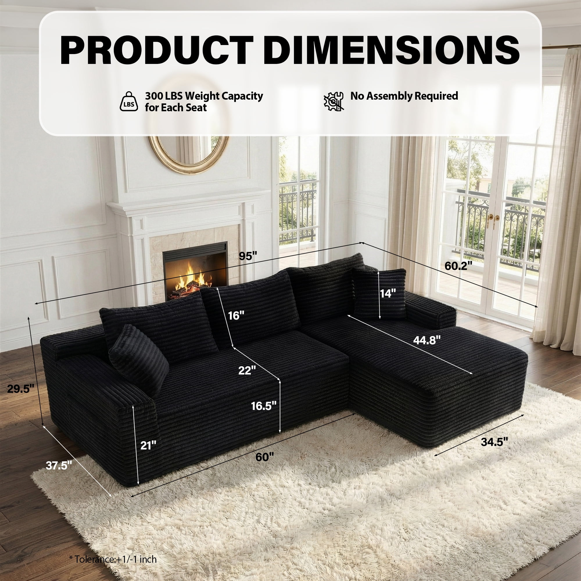 Aukfa 96" L-Shaped Cloud Sectional Sofa, Modular Boneless Couch with Deep Seat&Right-Facing Chaise for Living Room, Corduroy, Black