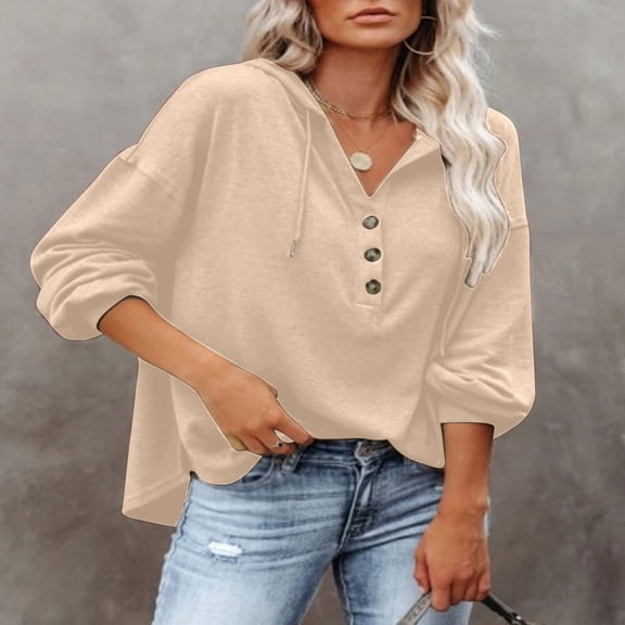 Free Shipping Womens Hooded Button Collar Drawstring Hoodies Pullover Sweatshirts Casual Long Sleeve Top Shirt