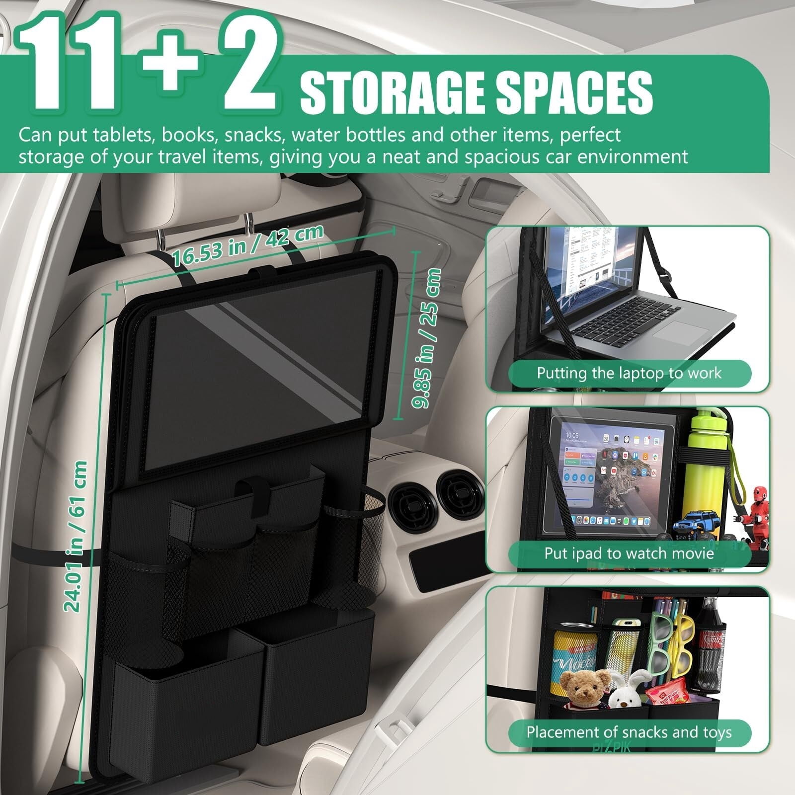 GUANGHUI Car Backseat Organizer with Tablet Holder,11 Storage Pockets with Foldable Food Tray, Protector Kick Mats for Kids, Travel Accessories Organizer (Gray, 1Pack)