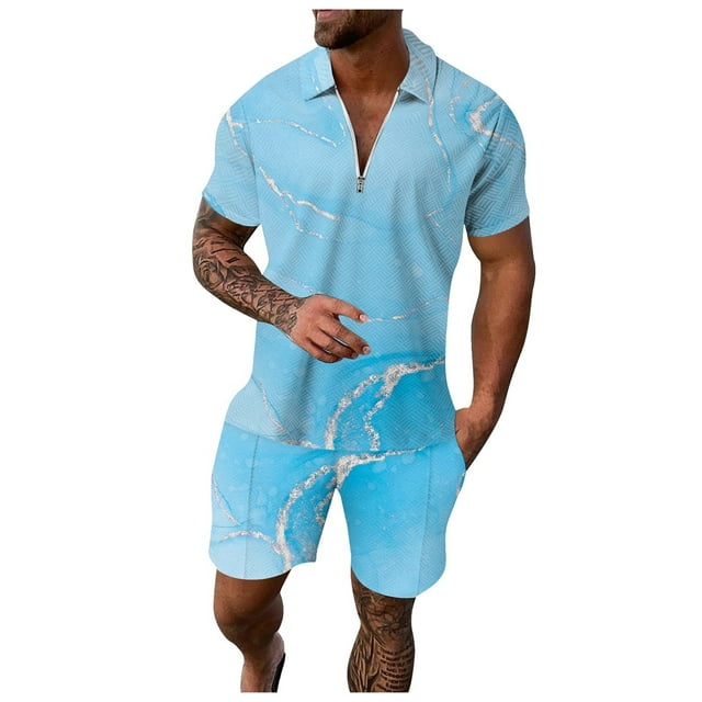 HBFAGFB Sweat Suits for Men 2 Piece Gradient Quarter Zip Pullover Men Tops Trendy Shorts Light Blue Size M