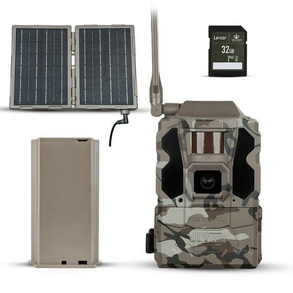TACTACAM Reveal Ultra Cellular Trail Camera  4K Photo, 1080P Video, Live Streaming, GPS, Low-Glow/No-Glow Flash, LTE  Includes Folding Solar Panel, Rechargeable Battery & 32GB SD Card