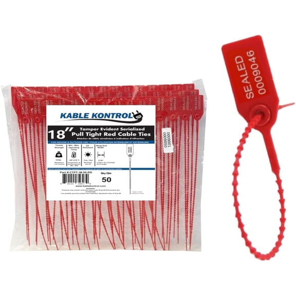 Pull Tight Cable Zip Tie Seals - Numbered / Serialized Tamper Evident - 18" Long - 50 Lbs Strength - 50 Pcs - Red