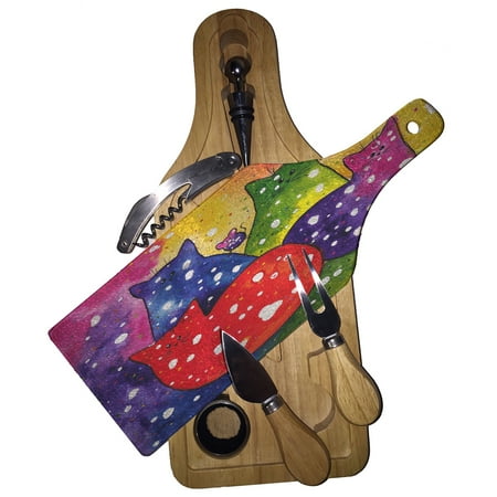 

KuzmarK Wine & Cheese Glass Cutting Board Wood Box Gift Set - Fiesta Polka-Dot Kitties and Mouse Cat Abstract Art by Denise Every