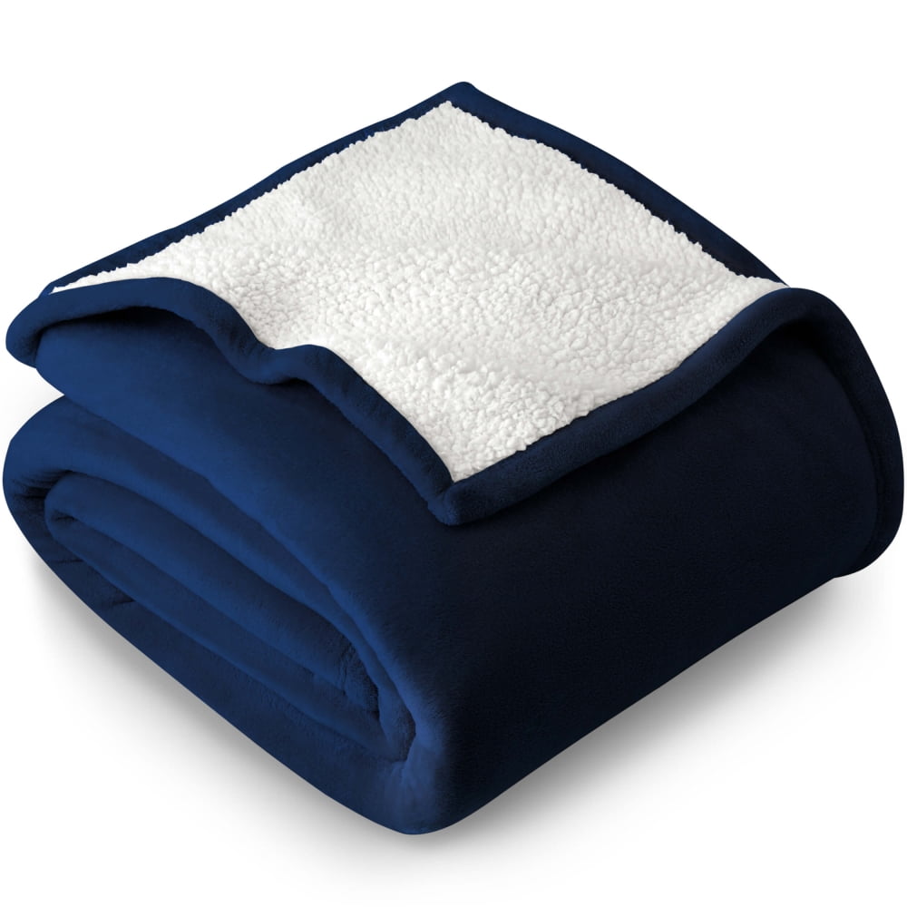Bare Home Sherpa to Plush Throw Blanket, 50"x60" (Throw, Dark Blue)