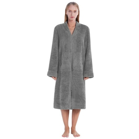 

WBQ Womens Fleece Robe Zipper Front Bathrobe with Pockets Warm Soft Zippered Robes for Women