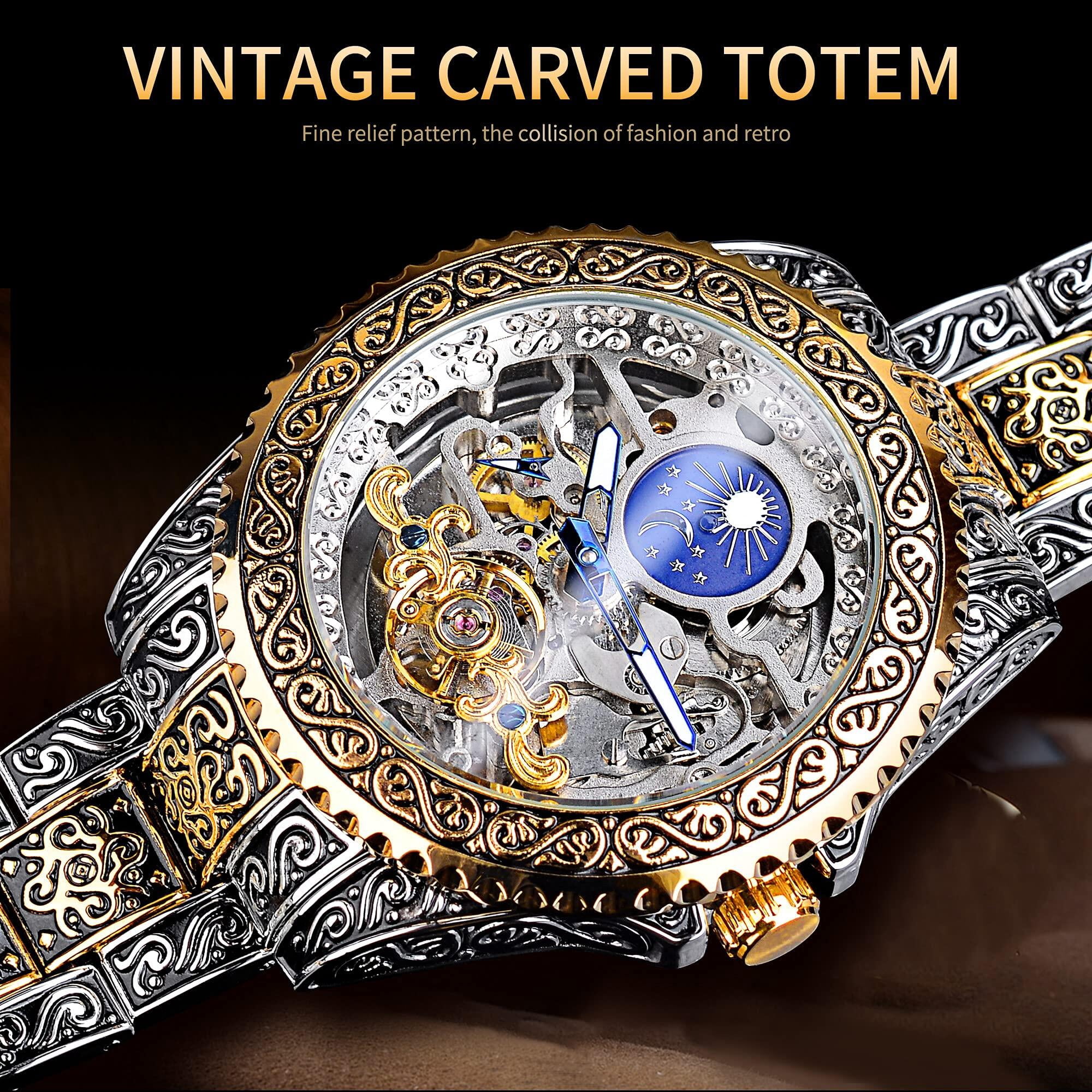 Watch for Men Carved Self-Wind Mechanical Tattoo Tourbillon Moon Phase Independent Seconds Skeleton Automatic Big Dial Wrist Watches