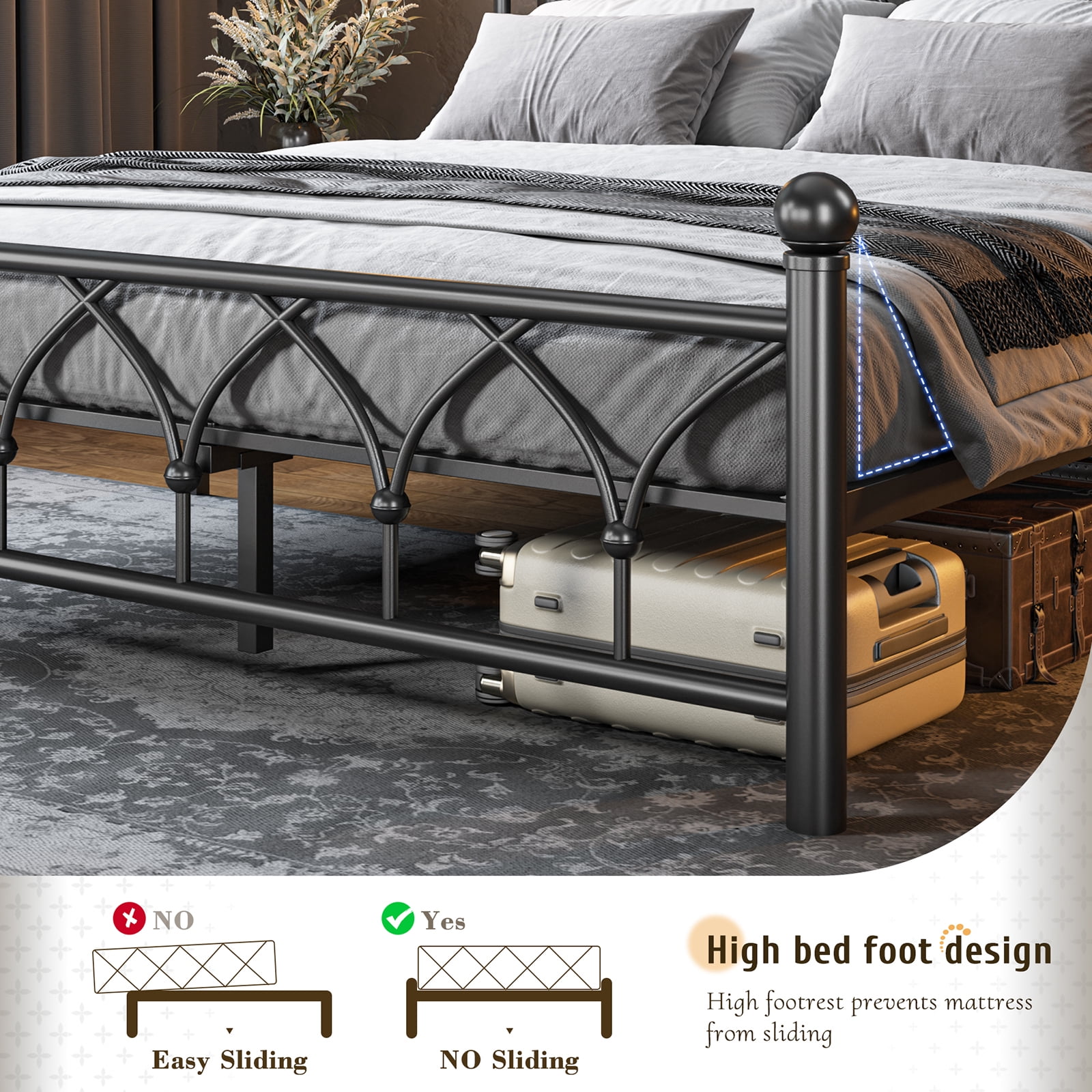 EnHomee Full Metal Bed Frame with Vintage Headboard & Footboard Metal Platform Bed Frame Full Heavy Duty Metal Bed Frame with LED Lights & Charge Station &Storage, Noise Free,Black