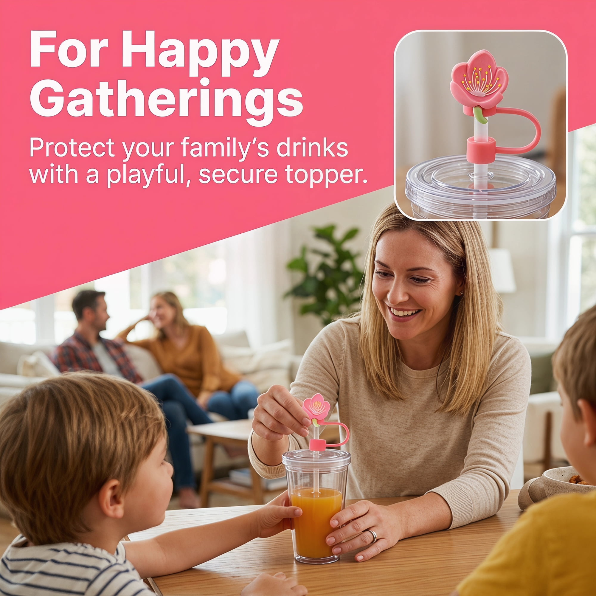 Unique Bargains Floral Silicone Straw Caps Reusable Dust-Proof Toppers Rose Red D