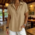 thumbnail image 2 of Ashirexll Summer Tops for Women Fashion Casual Linen Color Turtleneck Long Sleeve Button and Snap V-Neck Top Short Sleeve V-Neck Top, 2 of 6