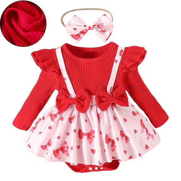 Valentine Outfit Baby Girl Long Sleeve Heart Print Romper Tutu Dress with Bow Headband Set Cute Baby Girl Outfit Outfits for Kids 18-24 Months