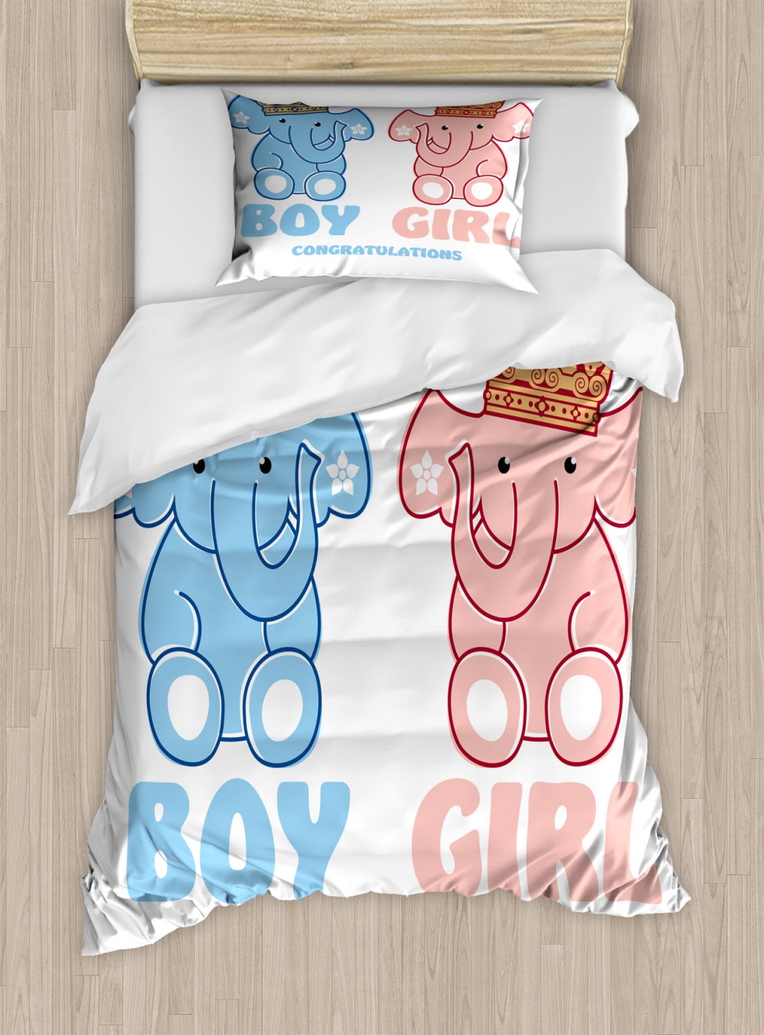 Gender Reveal Duvet Cover Set Twin Size, Boy and Girl Twins Elephants