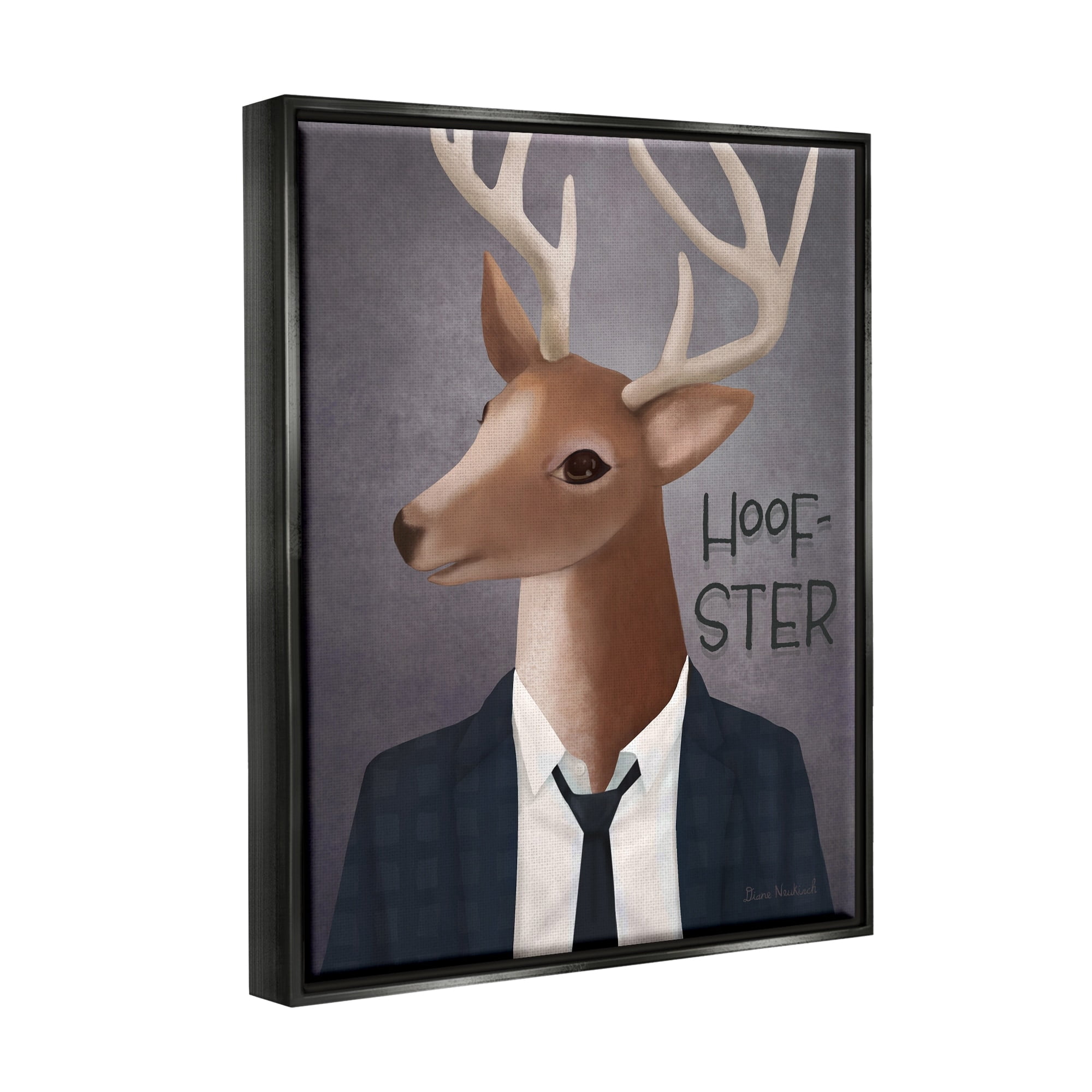 Stupell Industries Hoof-Ster Witty Deer Stag Wearing Suit Necktie Graphic Art Jet Black Floating Framed Canvas Print Wall Art, Design by Diane Neukirch