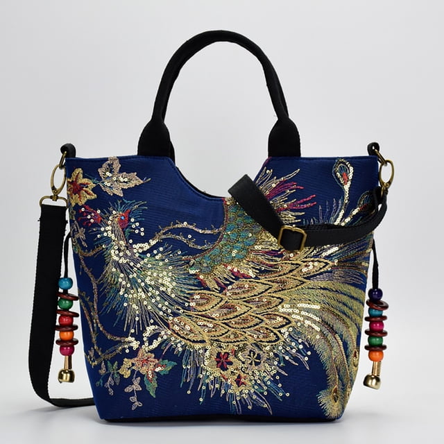 Bolso de hombro para mujer, bolso de mano de lona con lentejuelas brillantes bordadas con pavo Abanopi Paquete de hombro para mujer