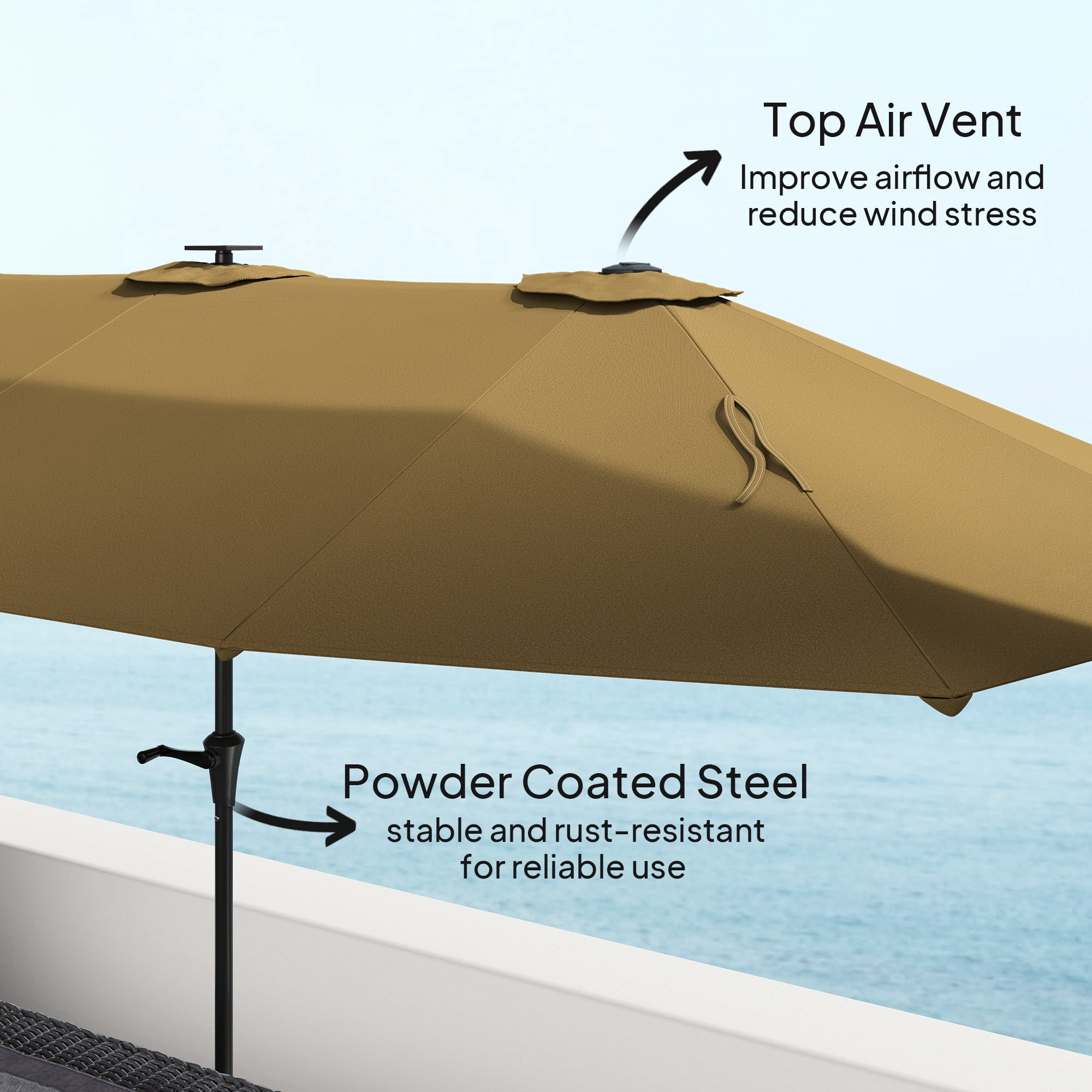 Outsunny 13' Large Patio Umbrella with Solar Lights, Double-Sided Outdoor Market Umbrella with Crank, 48 LED Lights for Garden, Pool, Yard, Khaki