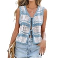 thumbnail image 3 of Women'S Sleeveless Striped Sweater Vest V Neck Tie Front Crochet Knit Tank Tops Blue L, 3 of 8