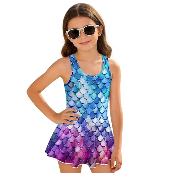 Uorisanigo Girls One Piece Swimsuits Blue and Purple Mermaid Scale Sleeveless Bathing Suit Swimwear Polyester and Spandex Fabric Swim Dress Size 3-4