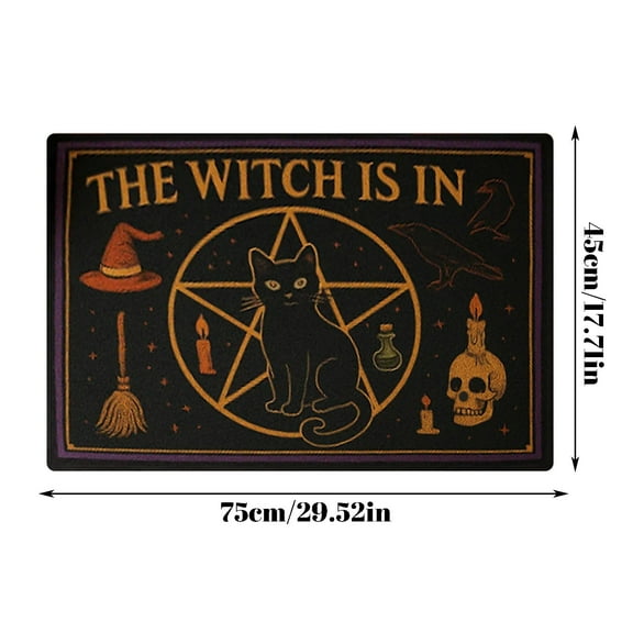 Halloween Rug, Vintage Halloween decorations, Velvet Material, with "The Witch Is In", Cat, Pentagram, Witch Hat, Skull Design, for Living Room, Doorway, 1PC