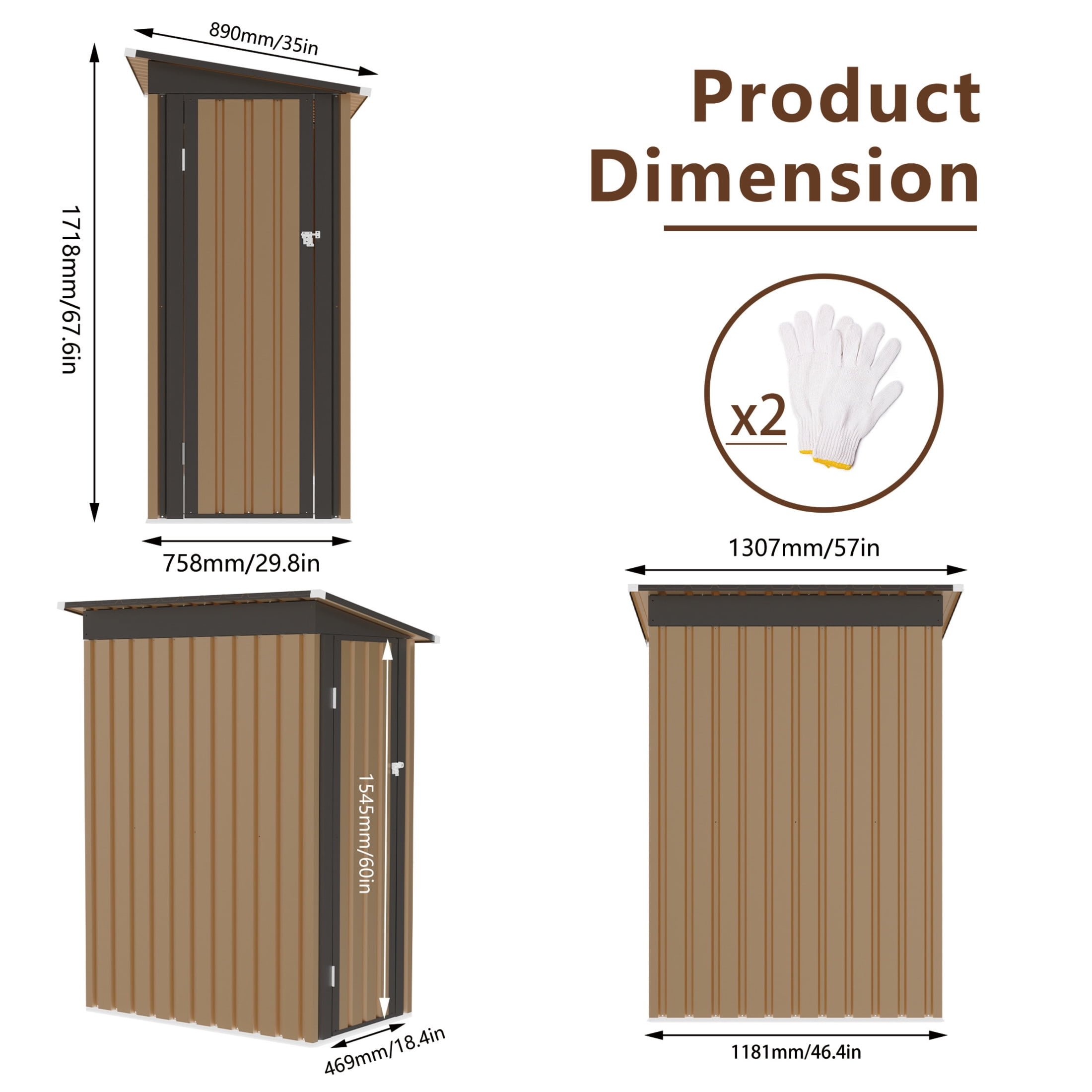 Noble House 4x2 FT Metal Outdoor Garden Shed, Galvanized Steel Storage House with Window & Hinged Door, Black & Brown