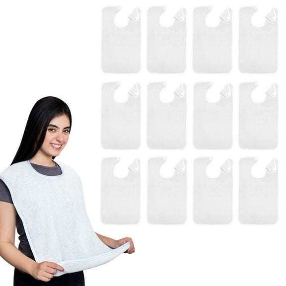Avalon Towels Terry Cotton Adult Bibs – 18x30 in, 12 Pack, White, Washable with Adjustable Neck Strap for Easy Use