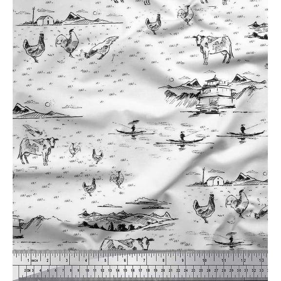 Soimoi Poly Georgette Fabric House,Cock & Cow Farm Print Sewing Fabric Yard 42 Inch Wide