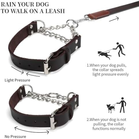 Martingale Collar for Dogs No-Pull Adjustable Training Collar with Stainless Steel Chain - Genuine Leather Anti-Slip Design for Small,Medium,Large Breed Dogs - Brown (S)