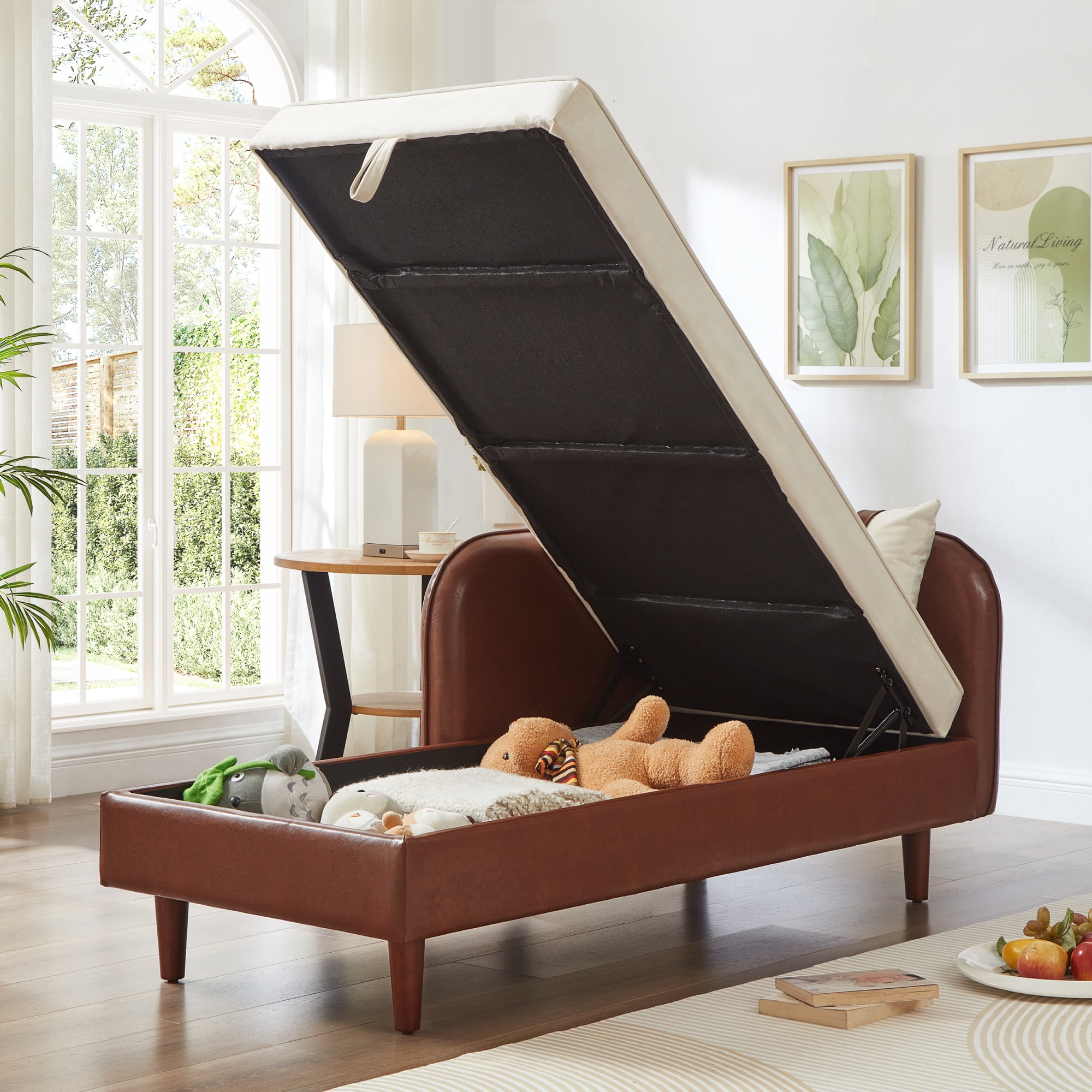 Leumius 65" Chaise Lounge Indoor,PU Leather Velvet Lounge Chair Sofa with Storage and 2 Pillows,Brown+Beige