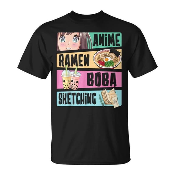 Anime Ramen Boba T-Shirt Unisex Adult Cotton Tee with Cute Kawaii Sketching Graphic for Japanese Food and Anime Lover Casual Wear, Size 4XL, Color Black