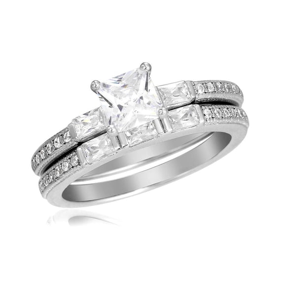 Rhodium Plated Sterling Silver 925 Wedding Clear CZ Ring Set Band White Jewelry Female Size 9