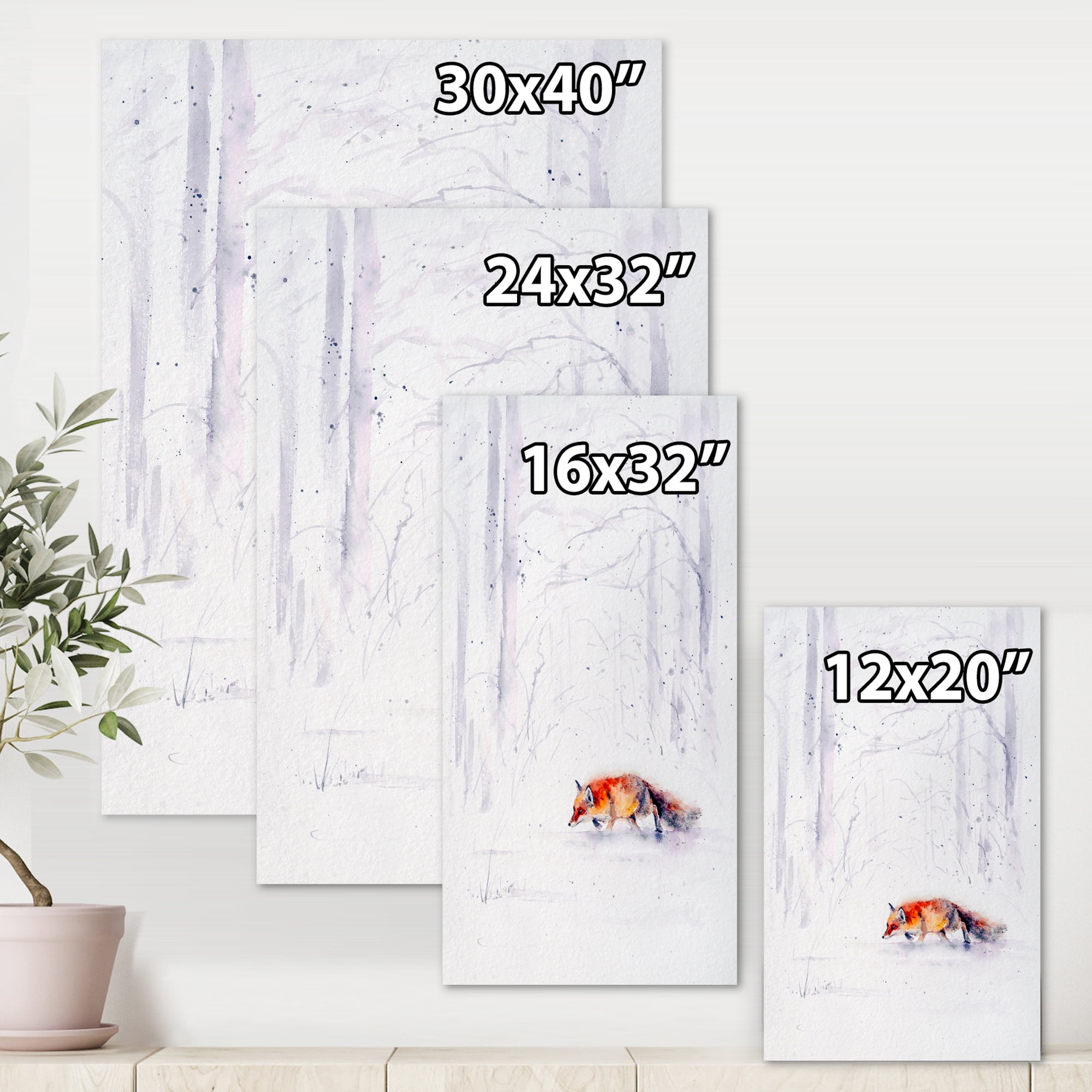 Red Fox Running In White Snow in Countryside II 8 in x 12 in Painting Canvas Art Print, by Designart