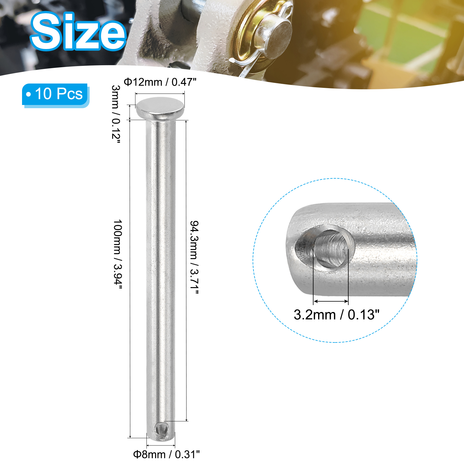 Uxcell Single Hole Clevis Pins 304 Stainless Steel Flat Head Pin for Hitch Pin Lock Link Hinge Systems 10 8 x 100 x 94.3 mm