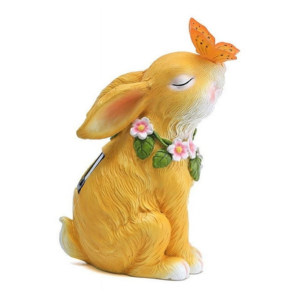 Estatuas de Jardín Solar Conejos Con Mariposas Cargas Solares de Resina Sintética Pintada A Mano Luces de Estatuas Solares