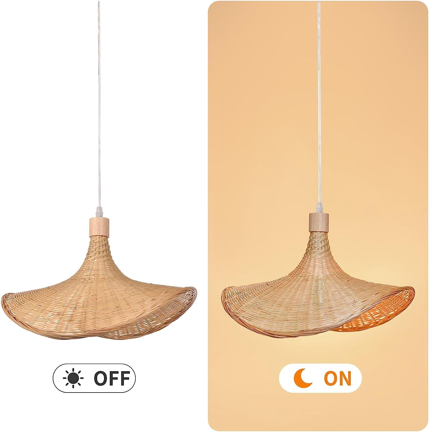 Arturesthome Bamboo Basket Chandelier Wicker Pendant Lighting Fixture, Vintage Hand-Woven Straw Hat Lampshade Hanging Ceiling Light for Restaurant