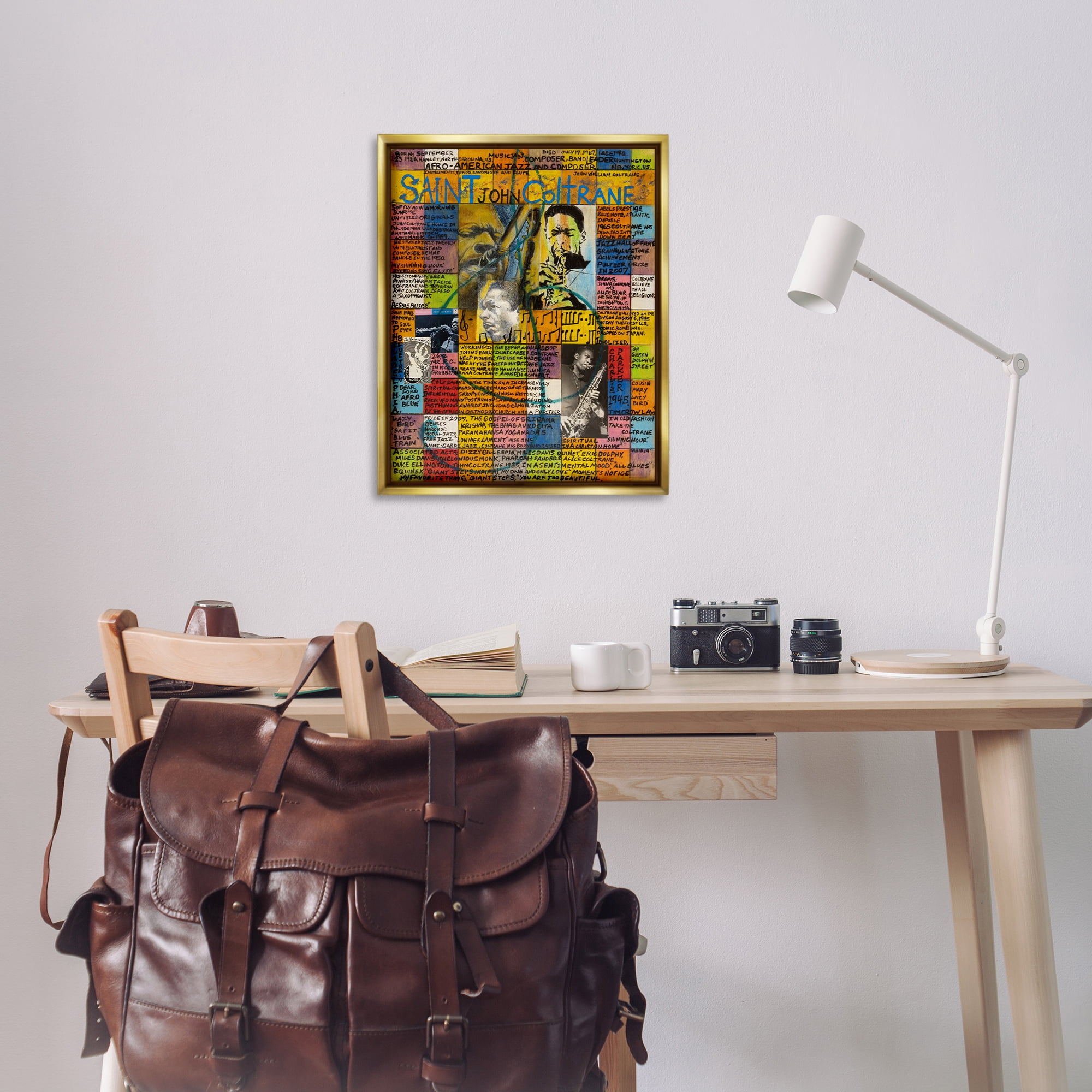 Stupell Industries Saint John Coltrane Collage People Drawing Gold Floater Framed Canvas Art Print Wall Art, 25 x 31