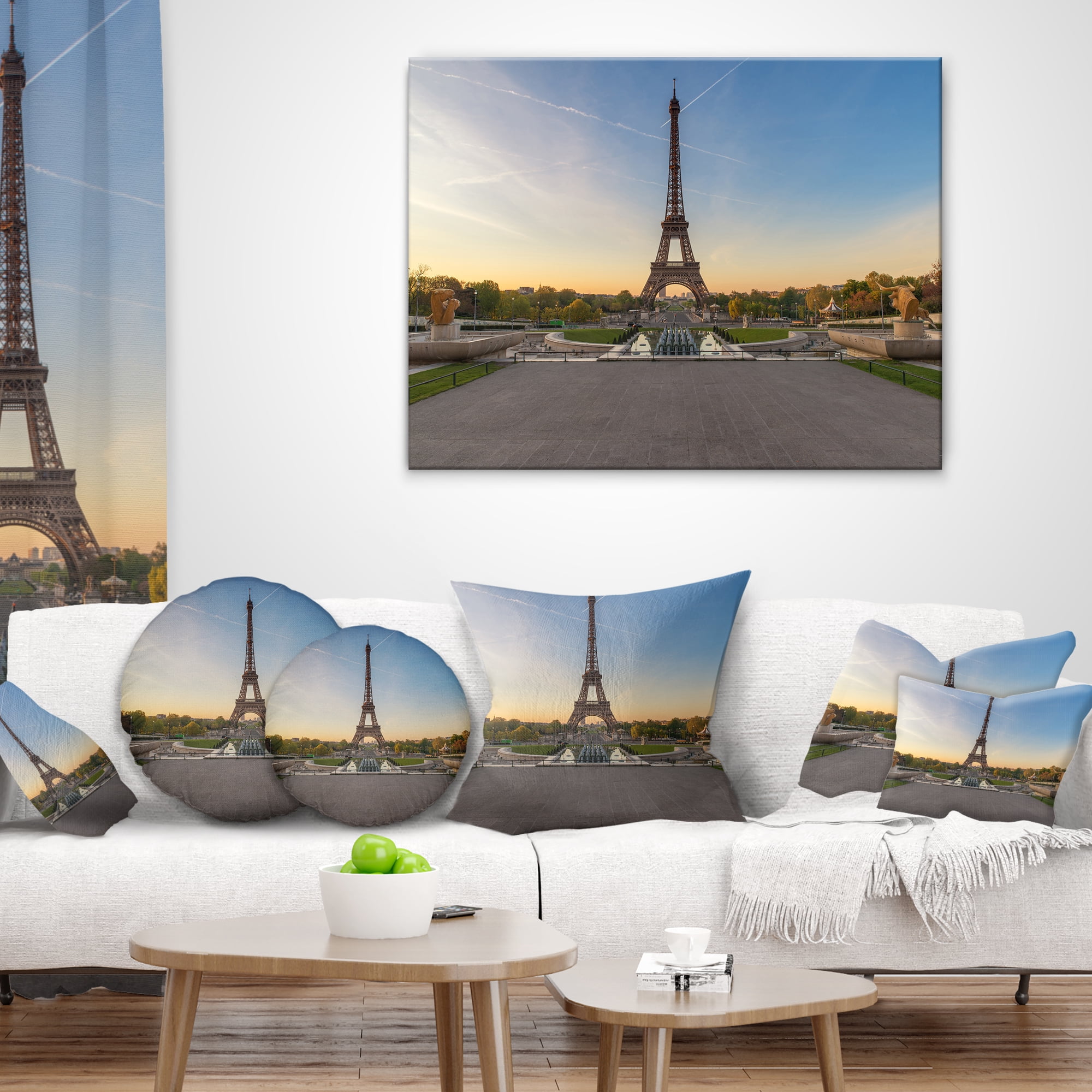 Designart Wide View of Paris Paris Eiffel Towerat Sunrise - Cityscape Throw Pillow - 12x20