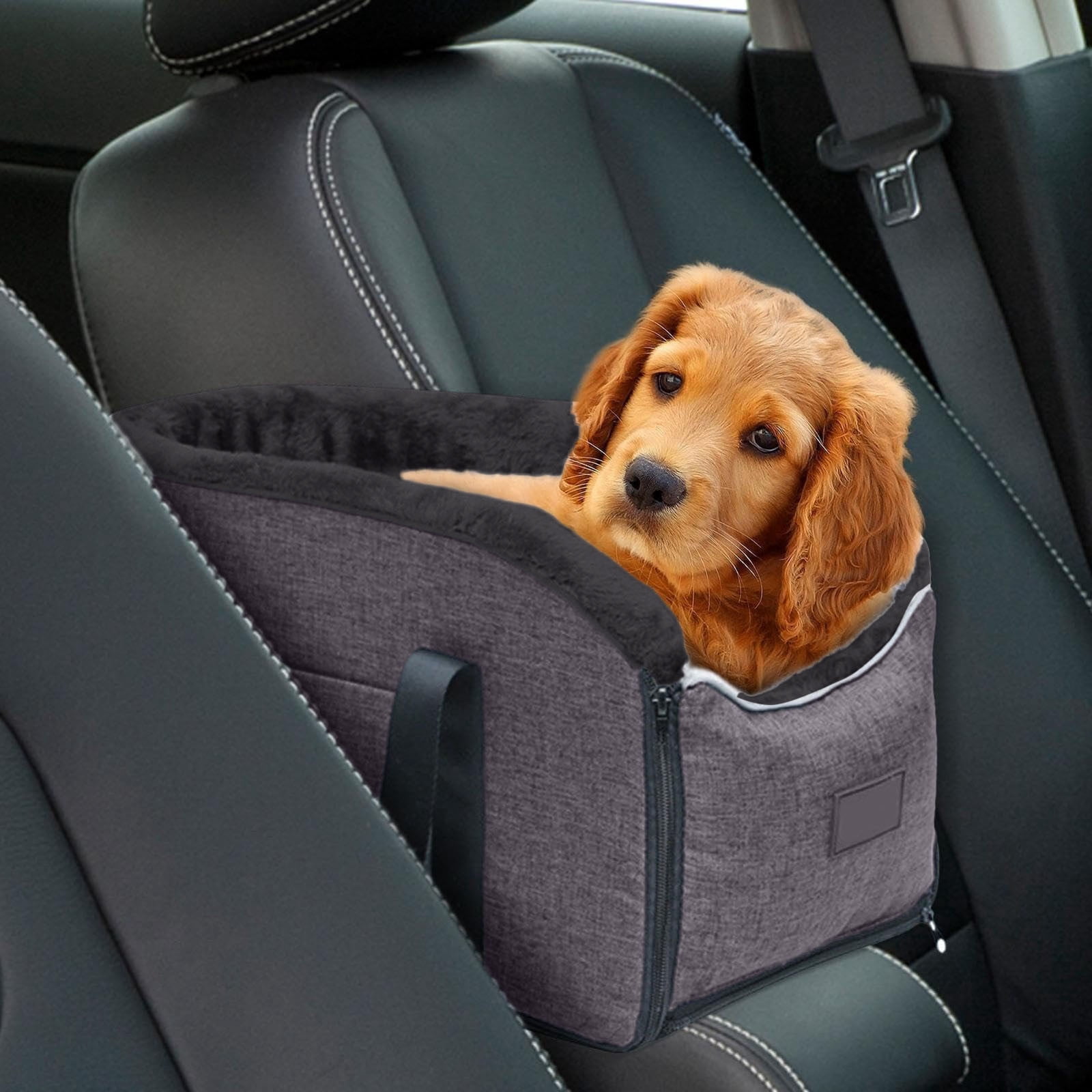 Center Console Dog Car Seat - Portable Pet Booster Seat with Safety Belt, Soft Cushion, Adjustable Straps & Storage Pocket for Small Dogs & Cats Up to 13 lbs, Multi-Purpose Travel Pet Bed